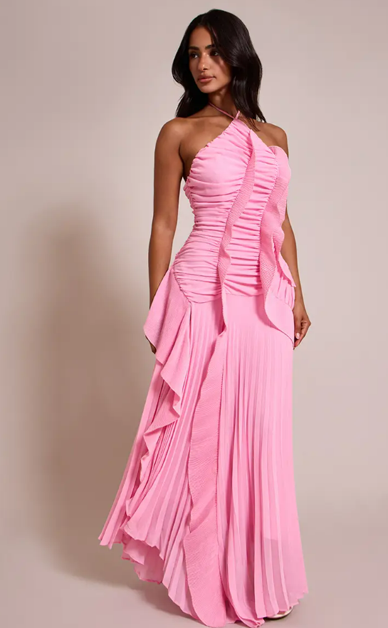 Laki Pink Halter neck Ruffle Detail Maxi Dress
