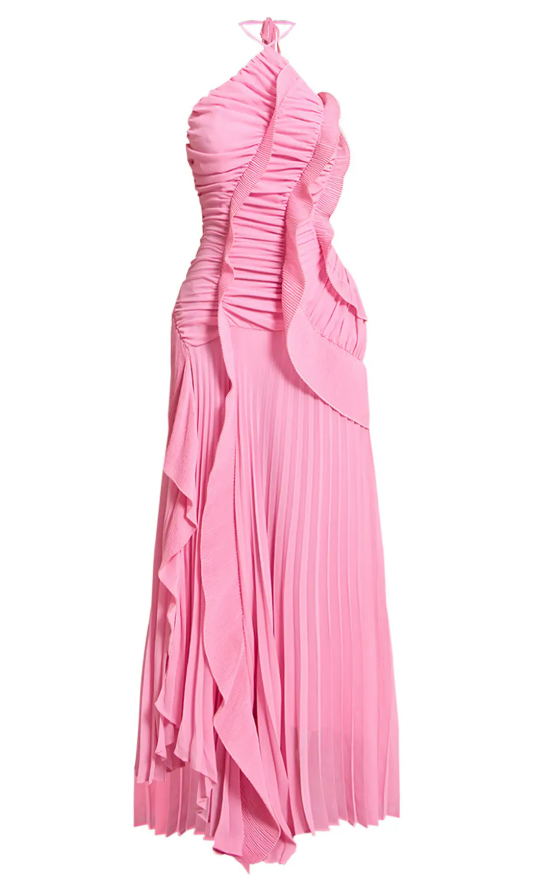 Laki Pink Halter neck Ruffle Detail Maxi Dress