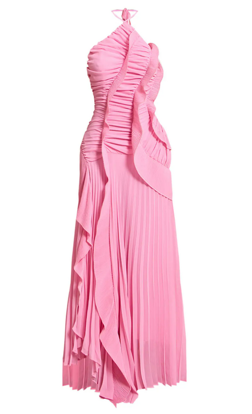 Laki Pink Halter neck Ruffle Detail Maxi Dress